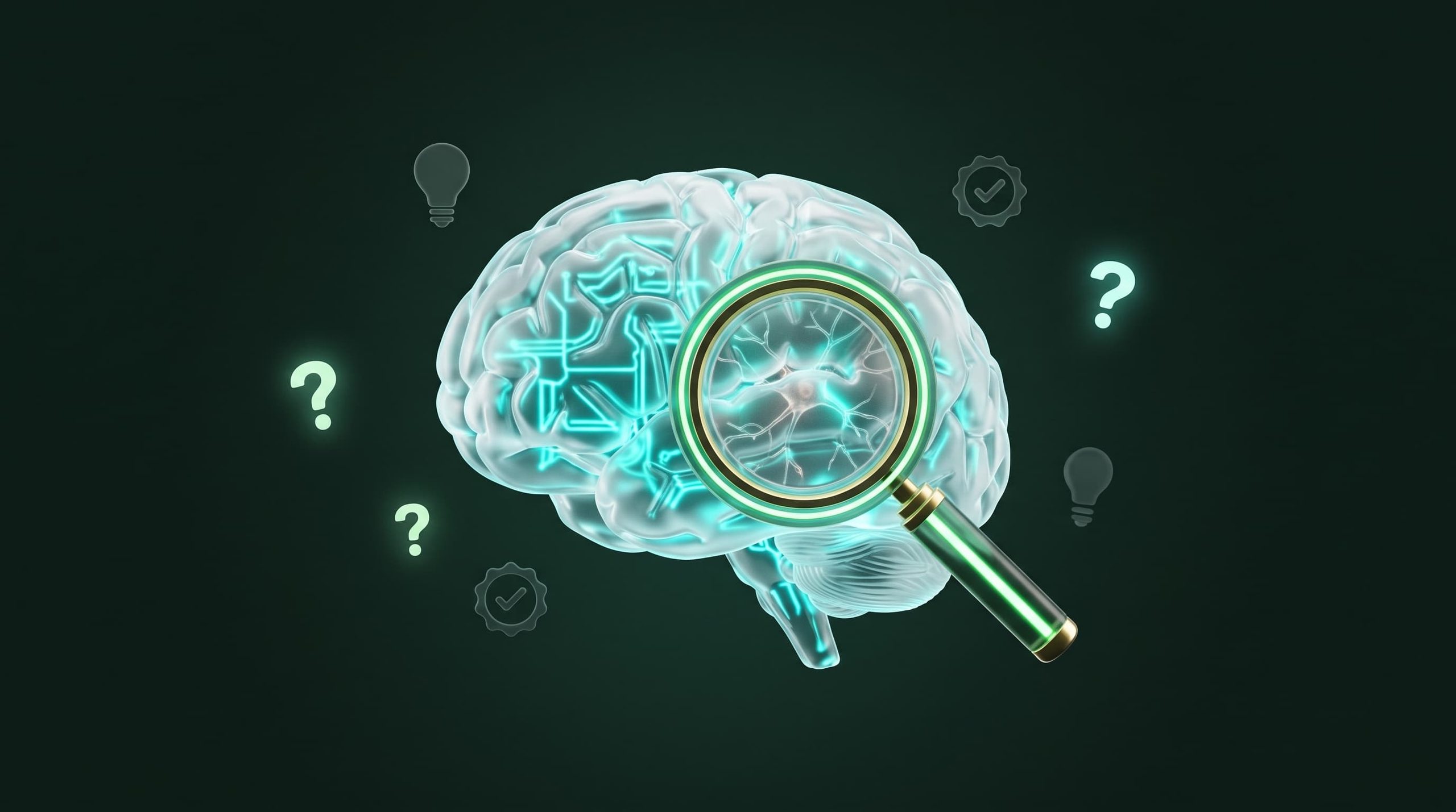 Lernmythen-Check: 3D-Illustration eines leuchtenden Gehirns mit Lupe und Fragezeichen für wissenschaftliche Lernmethoden